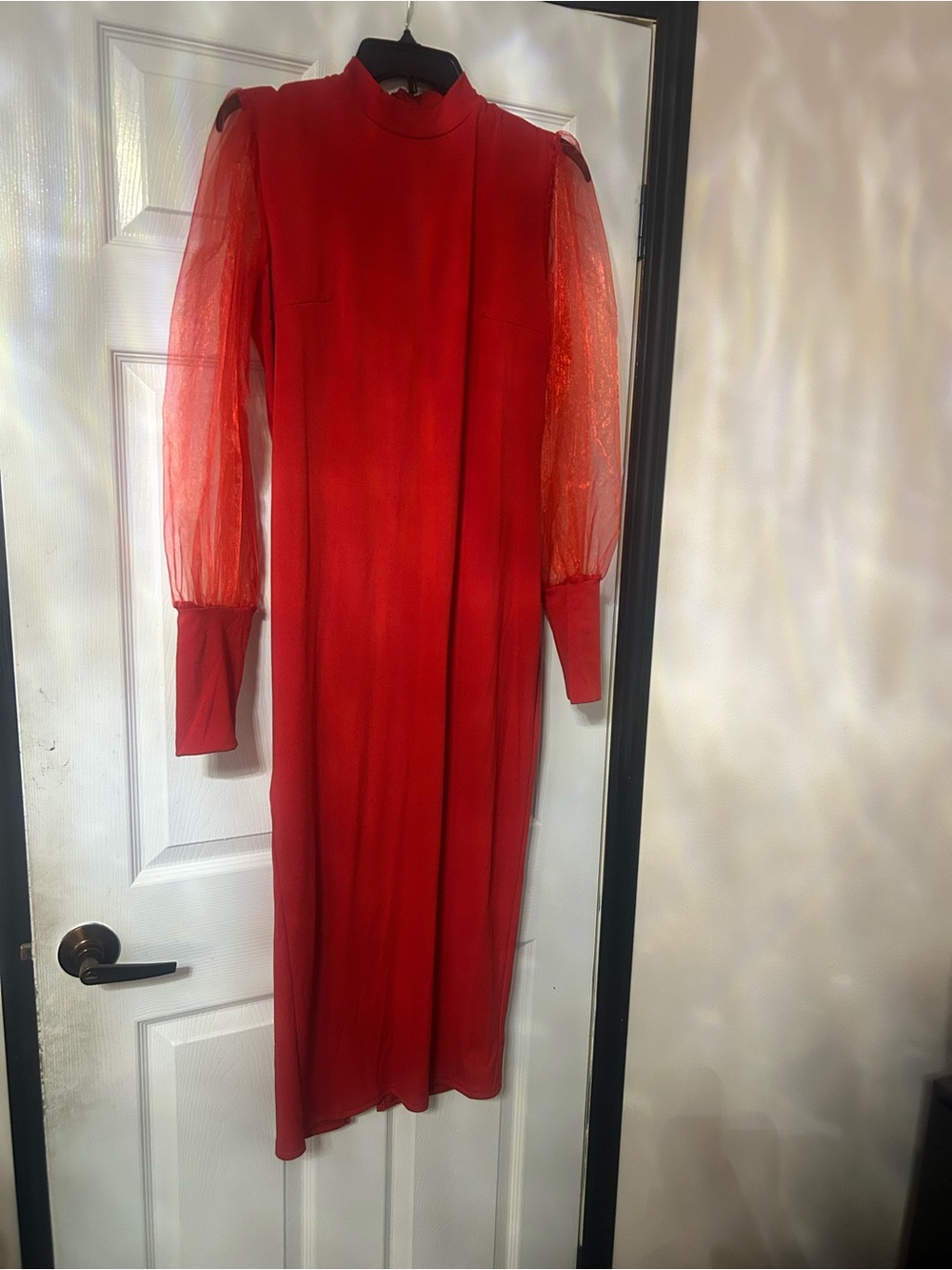 Red Long Sleeve Sheer-Sleeve Midi Dress